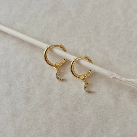 Selene Moon Drop Earrings- White Zirconia: Gold