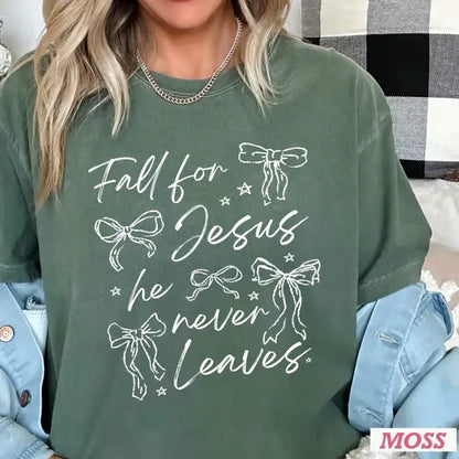 Fall For Jesus He Never Leaves Bows Graphic Shirt: S / Short Sleeve Tee