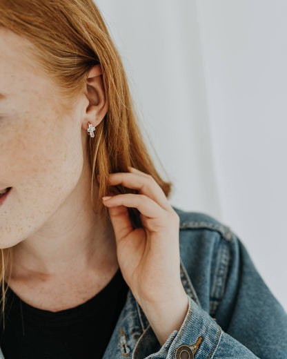 Cross Huggie Hoops - Baguette Cubic Zirconia Cross earrings
