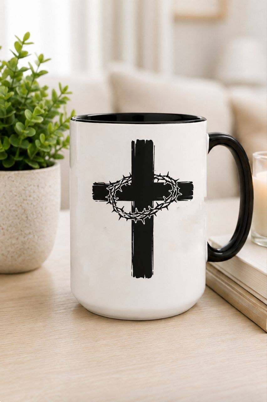 Cross with Crown Of Thorns Ceramic Mug - Faith, Christian