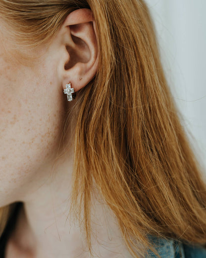 Cross Huggie Hoops - Baguette Cubic Zirconia Cross earrings
