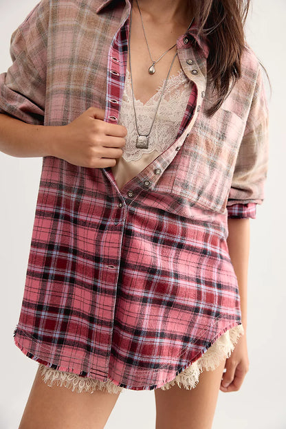We The Free Lexi Plaid Button Down - Rose Red Combo